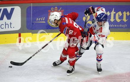 EBEL. Eishockey Bundesliga. EC KAC gegen  HC Innsbruck - Die Haie.  Matthew Fraser,  (KAC),    Simon Bourque (Innsbruck). Klagenfurt, am 1.11.2022.
Foto: Kuess
www.qspictures.net
---
pressefotos, pressefotografie, kuess, qs, qspictures, sport, bild, bilder, bilddatenbank