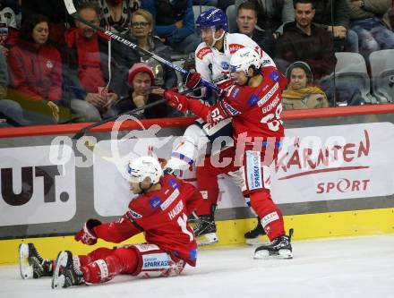 EBEL. Eishockey Bundesliga. EC KAC gegen  HC Innsbruck - Die Haie. Luka Gomboc, Lukas haudum,  (KAC),  Andres Krogsgaard   (Innsbruck). Klagenfurt, am 1.11.2022.
Foto: Kuess
www.qspictures.net
---
pressefotos, pressefotografie, kuess, qs, qspictures, sport, bild, bilder, bilddatenbank