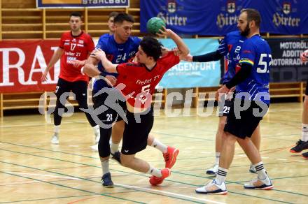 Handball. Cup. SVVW Klagenfurt gegen SC Ferlach.  Lutschounigg Karl-Kosta (Klagenfurt),    Jovanovic Mladan (Ferlach). Klagenfurt, am 5.11.2022.
Foto: Kuess


---
pressefotos, pressefotografie, kuess, qs, qspictures, sport, bild, bilder, bilddatenbank