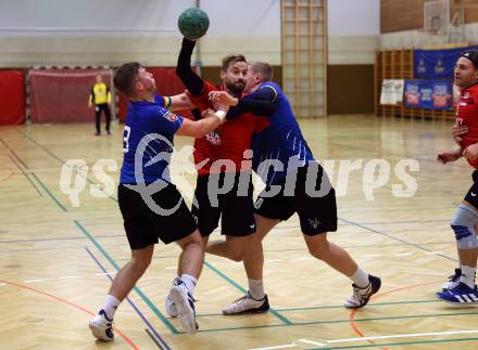 Handball. Cup. SVVW Klagenfurt gegen SC Ferlach.  Huber Tobias (Klagenfurt),   Supovec Aljaz, Knapp Simon (Ferlach). Klagenfurt, am 5.11.2022.
Foto: Kuess


---
pressefotos, pressefotografie, kuess, qs, qspictures, sport, bild, bilder, bilddatenbank