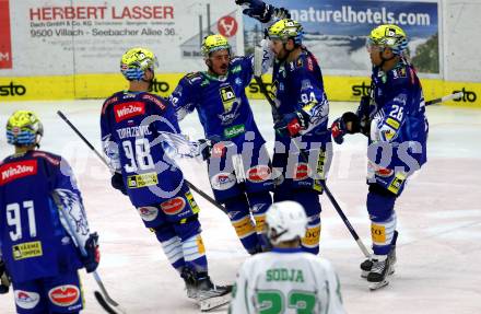 EBEL. Eishockey Bundesliga. EC VSV gegen HK SZ Olimpija Laibach.  Torjubel Anthony Luciani, Blaz Tomazevic, Andrew Desjardins, Derek Joslin, Niklas Wetzl (VSV). Villach, am 6.11.2022.
Foto: Kuess
www.qspictures.net
---
pressefotos, pressefotografie, kuess, qs, qspictures, sport, bild, bilder, bilddatenbank