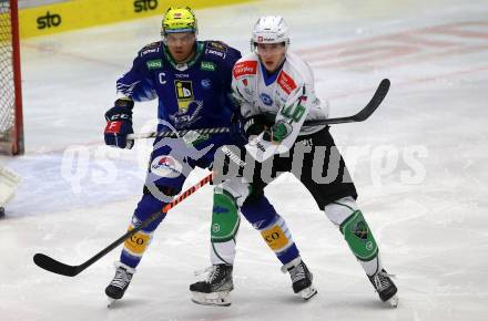 EBEL. Eishockey Bundesliga. EC VSV gegen HK SZ Olimpija.  Derek Joslin, (VSV),  Miha Bericic   (Olimpija). Villach, am 6.11.2022.
Foto: Kuess
www.qspictures.net
---
pressefotos, pressefotografie, kuess, qs, qspictures, sport, bild, bilder, bilddatenbank