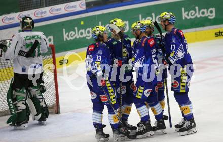 EBEL. Eishockey Bundesliga. EC VSV gegen HK SZ Olimpija Laibach. Torjubel Chris Collins, Arturs Kulda, Robert Sabolic, Simon Despres  (VSV). Villach, am 6.11.2022.
Foto: Kuess
www.qspictures.net
---
pressefotos, pressefotografie, kuess, qs, qspictures, sport, bild, bilder, bilddatenbank