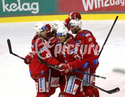 EBEL. Eishockey Bundesliga. EC KAC gegen  spusu Vienna Capitals. Torjubel Luka Gomboc, Lukas Haudum, Nicholas Petersen, Jesper Jensen Aabo  (KAC). Klagenfurt, am 6.11.2022.
Foto: Kuess
www.qspictures.net
---
pressefotos, pressefotografie, kuess, qs, qspictures, sport, bild, bilder, bilddatenbank