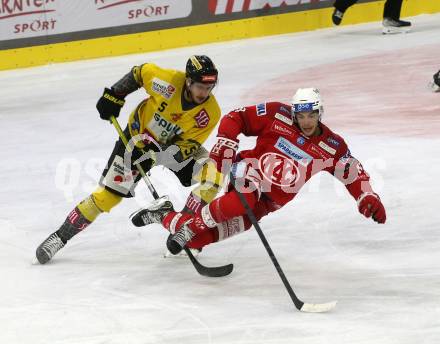 EBEL. Eishockey Bundesliga. EC KAC gegen  spusu Vienna Capitals.  Lukas Haudum, (KAC),     Dominic Hackl  (Vienna Capitals). Klagenfurt, am 6.11.2022.
Foto: Kuess
www.qspictures.net
---
pressefotos, pressefotografie, kuess, qs, qspictures, sport, bild, bilder, bilddatenbank