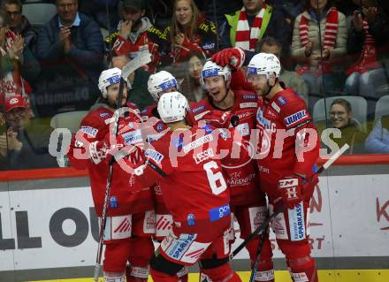 EBEL. Eishockey Bundesliga. EC KAC gegen  spusu Vienna Capitals.  Torjubel Nicholas Petersen, Lucas Lessio, Paul Postma, Manuel Ganahl (KAC). Klagenfurt, am 6.11.2022.
Foto: Kuess
www.qspictures.net
---
pressefotos, pressefotografie, kuess, qs, qspictures, sport, bild, bilder, bilddatenbank