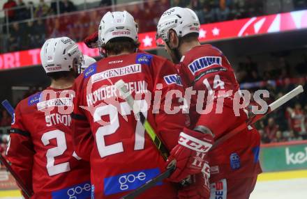 EBEL. Eishockey Bundesliga. EC KAC gegen  Moser Medical Graz99ers.  Torjubel Lessio Lucas, Hundertpfund Thomas, Postma Paul, Strong Steven (KAC). Klagenfurt, am 15.11.2022.
Foto: Kuess
www.qspictures.net
---
pressefotos, pressefotografie, kuess, qs, qspictures, sport, bild, bilder, bilddatenbank
