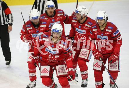 EBEL. Eishockey Bundesliga. EC KAC gegen  Moser Medical Graz99ers.  Torjubel Lukas Haudum, Gomboc Luka, Unterweger Clemens, Vallant Thomas, Bukarts Rihards (KAC). Klagenfurt, am 15.11.2022.
Foto: Kuess
www.qspictures.net
---
pressefotos, pressefotografie, kuess, qs, qspictures, sport, bild, bilder, bilddatenbank