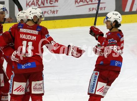 EBEL. Eishockey Bundesliga. EC KAC gegen  Moser Medical Graz99ers.  Torjubel Lukas Haudum, Gomboc Luka, Unterweger Clemens, (KAC). Klagenfurt, am 15.11.2022.
Foto: Kuess
www.qspictures.net
---
pressefotos, pressefotografie, kuess, qs, qspictures, sport, bild, bilder, bilddatenbank