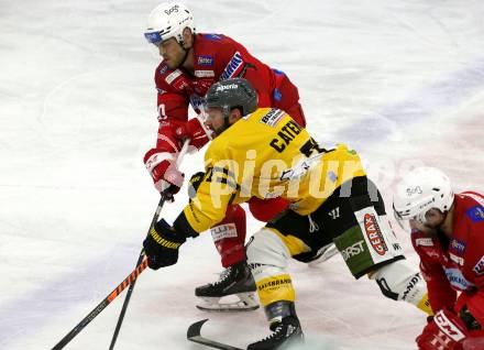 EBEL. Eishockey Bundesliga. EC KAC gegen  HC Pustertal Woelfe. Thomas Vallant,  (KAC),    Daniel Catenacci  (Pustertal). Klagenfurt, am 18.11.2022.
Foto: Kuess
www.qspictures.net
---
pressefotos, pressefotografie, kuess, qs, qspictures, sport, bild, bilder, bilddatenbank