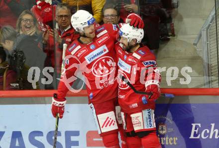 EBEL. Eishockey Bundesliga. EC KAC gegen  HC Pustertal Woelfe.  Torjubel Thomas Hundertpfund, Thomas Koch (KAC). Klagenfurt, am 18.11.2022.
Foto: Kuess
www.qspictures.net
---
pressefotos, pressefotografie, kuess, qs, qspictures, sport, bild, bilder, bilddatenbank