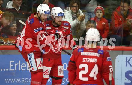 EBEL. Eishockey Bundesliga. EC KAC gegen  HC Pustertal Woelfe.  Torjubel Paul Postma, Rihards Bukarts, Steven Strong (KAC). Klagenfurt, am 18.11.2022.
Foto: Kuess
www.qspictures.net
---
pressefotos, pressefotografie, kuess, qs, qspictures, sport, bild, bilder, bilddatenbank