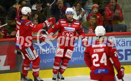 EBEL. Eishockey Bundesliga. EC KAC gegen  HC Pustertal Woelfe.  Torjubel Paul Postma, Rihards Bukarts, Steven Strong (KAC). Klagenfurt, am 18.11.2022.
Foto: Kuess
www.qspictures.net
---
pressefotos, pressefotografie, kuess, qs, qspictures, sport, bild, bilder, bilddatenbank