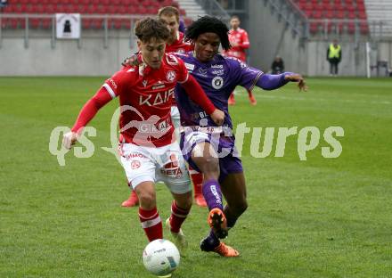 Fussball Woertherseecup. SK Austria Klagenfurt gegen GAK. Daniel Francis,  (Austria Klagenfurt),  Paolo Jager (GAK). Klagenfurt, am 19.11.2022.
Foto: Kuess
---
pressefotos, pressefotografie, kuess, qs, qspictures, sport, bild, bilder, bilddatenbank