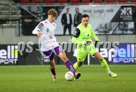 Fussball Woertherseecup. SK Austria Klagenfurt gegen 1860 Muenchen.  Jannik Robatsch, (Austria Klagenfurt),  Marcel Baer   (1860 Muenchen). Klagenfurt, 20.11.2022.
Foto: Kuess
---
pressefotos, pressefotografie, kuess, qs, qspictures, sport, bild, bilder, bilddatenbank
