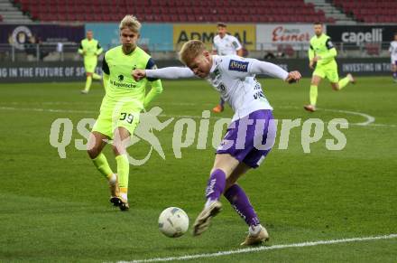 Fussball Woertherseecup. SK Austria Klagenfurt gegen 1860 Muenchen.  Jonas Arweiler, (Austria Klagenfurt),  Leandro Morgalla   (1860 Muenchen). Klagenfurt, 20.11.2022.
Foto: Kuess
---
pressefotos, pressefotografie, kuess, qs, qspictures, sport, bild, bilder, bilddatenbank