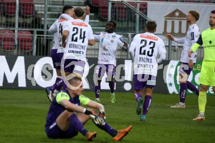 Fussball Woertherseecup. SK Austria Klagenfurt gegen 1860 Muenchen.  Torjubel Andrew Irving, Nikola Djoric, Christopher Wernitznig, Solomon Bonnah, Florian Rieder (Austria Klagenfurt). Klagenfurt, 20.11.2022.
Foto: Kuess
---
pressefotos, pressefotografie, kuess, qs, qspictures, sport, bild, bilder, bilddatenbank