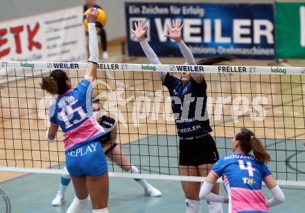 Volleyball. Challenge Cup 2022/23. ATSC Kelag Wildcats Klagenfurt gegen VK Prostejov.   Nikolina Bajic (Wildcats),  Jessica Silva (Prostejov). Klagenfurt, 23.11.2022.
Foto: Kuess
---
pressefotos, pressefotografie, kuess, qs, qspictures, sport, bild, bilder, bilddatenbank