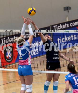 Volleyball. Challenge Cup 2022/23. ATSC Kelag Wildcats Klagenfurt gegen VK Prostejov.    Nicole Holzinger (Wildcats),  Pavla Meidlova (Prostejov). Klagenfurt, 23.11.2022.
Foto: Kuess
---
pressefotos, pressefotografie, kuess, qs, qspictures, sport, bild, bilder, bilddatenbank