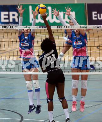 Volleyball. Challenge Cup 2022/23. ATSC Kelag Wildcats Klagenfurt gegen VK Prostejov.   Ehize Omoghibo (Wildcats), Sona Novakova, Pavla Meidlova  (Prostejov). Klagenfurt, 23.11.2022.
Foto: Kuess
---
pressefotos, pressefotografie, kuess, qs, qspictures, sport, bild, bilder, bilddatenbank