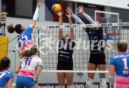 Volleyball. Challenge Cup 2022/23. ATSC Kelag Wildcats Klagenfurt gegen VK Prostejov.   Nicole Holzinger, Nikolina Bajic (Wildcats),  Jessica Silva (Prostejov). Klagenfurt, 23.11.2022.
Foto: Kuess
---
pressefotos, pressefotografie, kuess, qs, qspictures, sport, bild, bilder, bilddatenbank