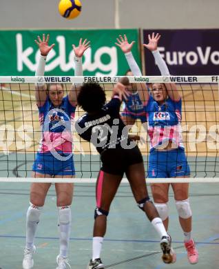 Volleyball. Challenge Cup 2022/23. ATSC Kelag Wildcats Klagenfurt gegen VK Prostejov.   Ehize Omoghibo (Wildcats),  Pavla Meidlova, Raquel Loff da Silva (Prostejov). Klagenfurt, 23.11.2022.
Foto: Kuess
---
pressefotos, pressefotografie, kuess, qs, qspictures, sport, bild, bilder, bilddatenbank