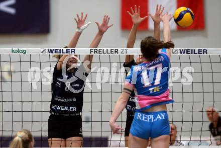 Volleyball. Challenge Cup 2022/23. ATSC Kelag Wildcats Klagenfurt gegen VK Prostejov.   Jana Gaertner (Wildcats), Michaela Berankova  (Prostejov). Klagenfurt, 23.11.2022.
Foto: Kuess
---
pressefotos, pressefotografie, kuess, qs, qspictures, sport, bild, bilder, bilddatenbank