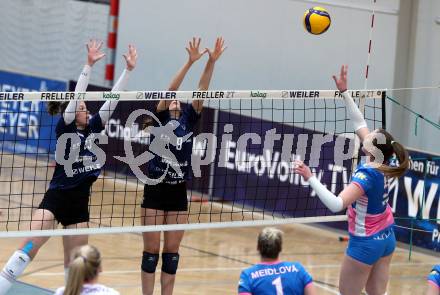 Volleyball. Challenge Cup 2022/23. ATSC Kelag Wildcats Klagenfurt gegen VK Prostejov.   Anja Zorman, Katerina Pavelkova (Wildcats), Raquel Loff da Silva  (Prostejov). Klagenfurt, 23.11.2022.
Foto: Kuess
---
pressefotos, pressefotografie, kuess, qs, qspictures, sport, bild, bilder, bilddatenbank