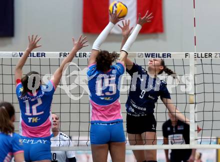 Volleyball. Challenge Cup 2022/23. ATSC Kelag Wildcats Klagenfurt gegen VK Prostejov.   Katerina Pavelkova (Wildcats),  Petra Kozouskova, Jessica Silva (Prostejov). Klagenfurt, 23.11.2022.
Foto: Kuess
---
pressefotos, pressefotografie, kuess, qs, qspictures, sport, bild, bilder, bilddatenbank