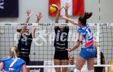 Volleyball. Challenge Cup 2022/23. ATSC Kelag Wildcats Klagenfurt gegen VK Prostejov.   Jana Gaertner, Katerina Pavelkova (Wildcats),   Michaela Berankova (Prostejov). Klagenfurt, 23.11.2022.
Foto: Kuess
---
pressefotos, pressefotografie, kuess, qs, qspictures, sport, bild, bilder, bilddatenbank