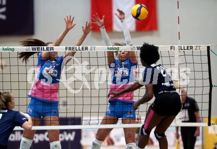 Volleyball. Challenge Cup 2022/23. ATSC Kelag Wildcats Klagenfurt gegen VK Prostejov.    Ehize Omoghibo (Wildcats),  Katerina Kvapilova, Andrea PÃ­chalova (Prostejov). Klagenfurt, 23.11.2022.
Foto: Kuess
---
pressefotos, pressefotografie, kuess, qs, qspictures, sport, bild, bilder, bilddatenbank