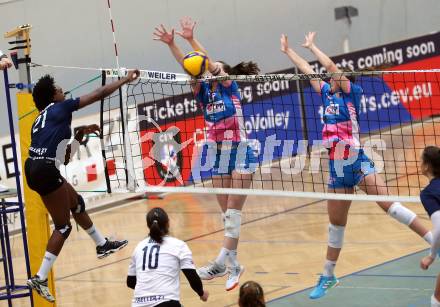 Volleyball. Challenge Cup 2022/23. ATSC Kelag Wildcats Klagenfurt gegen VK Prostejov.   Ehize Omoghibo (Wildcats),  Michaela Berankova, Petra Kozouskova (Prostejov). Klagenfurt, 23.11.2022.
Foto: Kuess
---
pressefotos, pressefotografie, kuess, qs, qspictures, sport, bild, bilder, bilddatenbank