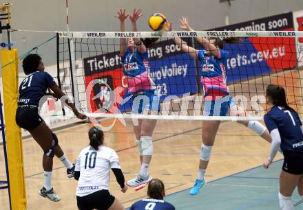 Volleyball. Challenge Cup 2022/23. ATSC Kelag Wildcats Klagenfurt gegen VK Prostejov.   Ehize Omoghibo (Wildcats),  Michaela Berankova, Petra Kozouskova (Prostejov). Klagenfurt, 23.11.2022.
Foto: Kuess
---
pressefotos, pressefotografie, kuess, qs, qspictures, sport, bild, bilder, bilddatenbank