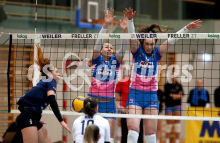 Volleyball. Challenge Cup 2022/23. ATSC Kelag Wildcats Klagenfurt gegen VK Prostejov.   Magdalena Rabitsch (Wildcats),  Sona Novakova, Raquel Loff da Silva,  (Prostejov). Klagenfurt, 23.11.2022.
Foto: Kuess
---
pressefotos, pressefotografie, kuess, qs, qspictures, sport, bild, bilder, bilddatenbank