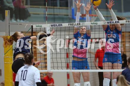 Volleyball. Challenge Cup 2022/23. ATSC Kelag Wildcats Klagenfurt gegen VK Prostejov.   Magdalena Rabitsch (Wildcats),  Raquel Loff da Silva, Sona Novakova (Prostejov). Klagenfurt, 23.11.2022.
Foto: Kuess
---
pressefotos, pressefotografie, kuess, qs, qspictures, sport, bild, bilder, bilddatenbank