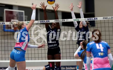 Volleyball. Challenge Cup 2022/23. ATSC Kelag Wildcats Klagenfurt gegen VK Prostejov.   Ehize Omoghibo,  Anja Zorman (Wildcats), Pavla Meidlova  (Prostejov). Klagenfurt, 23.11.2022.
Foto: Kuess
---
pressefotos, pressefotografie, kuess, qs, qspictures, sport, bild, bilder, bilddatenbank