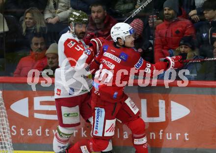 EBEL. Eishockey Bundesliga. EC KAC gegen  HCB Suedtirol Alperia.  Matthew Fraser,  (KAC),    Scott Valentine (Bozen). Klagenfurt, am 25.11.2022.
Foto: Kuess
www.qspictures.net
---
pressefotos, pressefotografie, kuess, qs, qspictures, sport, bild, bilder, bilddatenbank