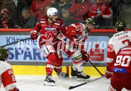 EBEL. Eishockey Bundesliga. EC KAC gegen  HCB Suedtirol Alperia.  Lukas Haudum,  (KAC),    Luca Frigo (Bozen). Klagenfurt, am 25.11.2022.
Foto: Kuess
www.qspictures.net
---
pressefotos, pressefotografie, kuess, qs, qspictures, sport, bild, bilder, bilddatenbank