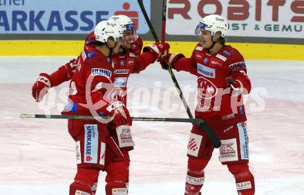 EBEL. Eishockey Bundesliga. EC KAC gegen  Asiago Hockey.  Torjubel Kele Steffler, Fabian Hochegger, Finn Van Ee,  (KAC). Klagenfurt, am 27.11.2022.
Foto: Kuess
www.qspictures.net
---
pressefotos, pressefotografie, kuess, qs, qspictures, sport, bild, bilder, bilddatenbank