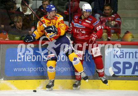 EBEL. Eishockey Bundesliga. EC KAC gegen  Asiago Hockey.   Luka Gomboc, (KAC),   Troy Rutkowski  (Asiago Hockey). Klagenfurt, am 27.11.2022.
Foto: Kuess
www.qspictures.net
---
pressefotos, pressefotografie, kuess, qs, qspictures, sport, bild, bilder, bilddatenbank