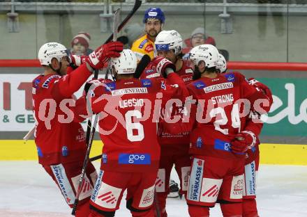 EBEL. Eishockey Bundesliga. EC KAC gegen  Asiago Hockey.  Torjubel Steven Strong, Thomas Hundertpfund, Samuel Witting, Lucas Lessio, Paul Postma (KAC). Klagenfurt, am 27.11.2022.
Foto: Kuess
www.qspictures.net
---
pressefotos, pressefotografie, kuess, qs, qspictures, sport, bild, bilder, bilddatenbank