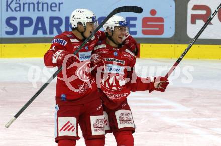 EBEL. Eishockey Bundesliga. EC KAC gegen  Asiago Hockey.  Torjubel Kele Steffler, Fabian Hochegger (KAC). Klagenfurt, am 27.11.2022.
Foto: Kuess
www.qspictures.net
---
pressefotos, pressefotografie, kuess, qs, qspictures, sport, bild, bilder, bilddatenbank