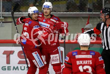 EBEL. Eishockey Bundesliga. EC KAC gegen  Asiago Hockey.  Torjubel Matthew Fraser, Luka Gomboc (KAC). Klagenfurt, am 27.11.2022.
Foto: Kuess
www.qspictures.net
---
pressefotos, pressefotografie, kuess, qs, qspictures, sport, bild, bilder, bilddatenbank