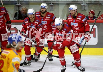 EBEL. Eishockey Bundesliga. EC KAC gegen  Asiago Hockey. Torjubel Matthew Fraser, Luka Gomboc, Steven Strong, Rihards Bukarts, Paul Postma  (KAC). Klagenfurt, am 27.11.2022.
Foto: Kuess
www.qspictures.net
---
pressefotos, pressefotografie, kuess, qs, qspictures, sport, bild, bilder, bilddatenbank