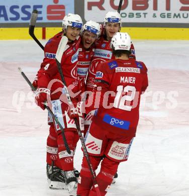 EBEL. Eishockey Bundesliga. EC KAC gegen  Asiago Hockey.  Torjubel Kele Steffler, Fabian Hochegger, Finn Van Ee, David Maier (KAC). Klagenfurt, am 27.11.2022.
Foto: Kuess
www.qspictures.net
---
pressefotos, pressefotografie, kuess, qs, qspictures, sport, bild, bilder, bilddatenbank