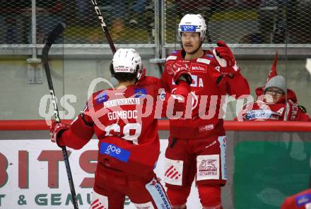 EBEL. Eishockey Bundesliga. EC KAC gegen  Asiago Hockey.  Torjubel Matthew Fraser, Luka Gomboc (KAC). Klagenfurt, am 27.11.2022.
Foto: Kuess
www.qspictures.net
---
pressefotos, pressefotografie, kuess, qs, qspictures, sport, bild, bilder, bilddatenbank