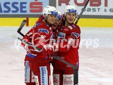 EBEL. Eishockey Bundesliga. EC KAC gegen  Asiago Hockey.  Torjubel Kele Steffler, Fabian Hochegger, Finn Van Ee,  (KAC). Klagenfurt, am 27.11.2022.
Foto: Kuess
www.qspictures.net
---
pressefotos, pressefotografie, kuess, qs, qspictures, sport, bild, bilder, bilddatenbank