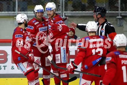 EBEL. Eishockey Bundesliga. EC KAC gegen  Asiago Hockey.  Torjubel Matthew Fraser, Luka Gomboc, Steven Strong, Rihards Bukarts, Paul Postma (KAC). Klagenfurt, am 27.11.2022.
Foto: Kuess
www.qspictures.net
---
pressefotos, pressefotografie, kuess, qs, qspictures, sport, bild, bilder, bilddatenbank