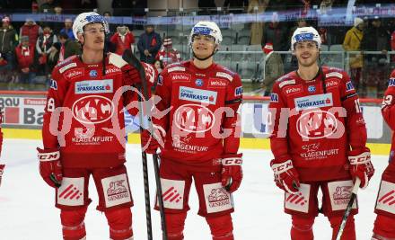 EBEL. Eishockey Bundesliga. EC KAC gegen  Asiago Hockey. Nicholas Eric Petersen, Kele Steffler, Thomas Vallant  (KAC). Klagenfurt, am 27.11.2022.
Foto: Kuess
www.qspictures.net
---
pressefotos, pressefotografie, kuess, qs, qspictures, sport, bild, bilder, bilddatenbank