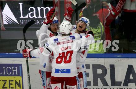 EBEL. Eishockey Bundesliga. EC VSV gegen EC KAC.  Torjubel Manuel Ganahl, Nikolaus Kraus, Kele Steffler (KAC). Villach, am 2.12.2022.
Foto: Kuess
www.qspictures.net
---
pressefotos, pressefotografie, kuess, qs, qspictures, sport, bild, bilder, bilddatenbank